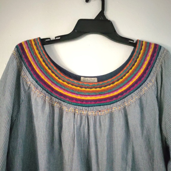 Lucky Brand Blue Striped Embroidered Cotton Top XL Boho Casual Peasant Blouse - Picture 3 of 6